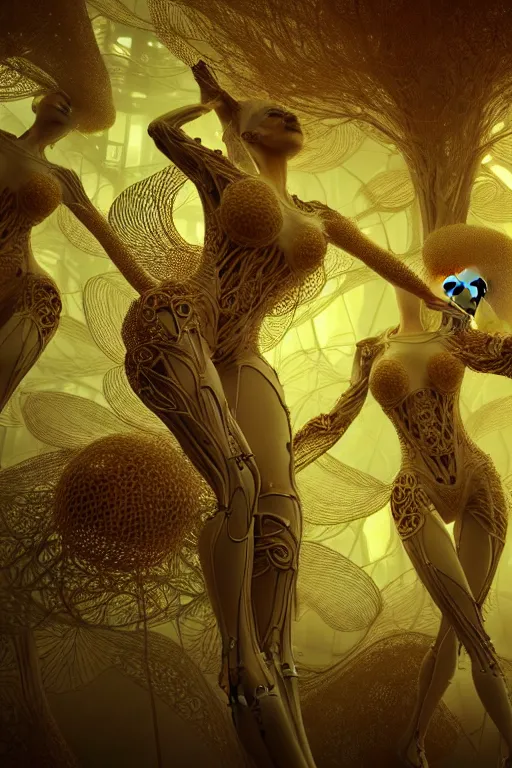 Prompt: intricate hyper detailed ultra sharp 3 d render, unity of mood, biomechanical cyborg ladies dancing, atmospheric, foliage, white large pore fungi, cyberpunk art nouveau, haute couture alexander mcqueen leaves stems colorful dahlias blooming transparent fractal filigree roots, intricate details, octane render, volumetric cinematic lighting, natural beautiful light, yellow infrared, lumiol, 8 k,