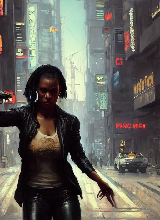 Prompt: Maria Igwe. female cyberpunk assassin assaulting police precinct (blade runner 2049, cyberpunk 2077). Orientalist portrait by john william waterhouse and James Gurney and Theodore Ralli and Nasreddine Dinet, oil on canvas. Cinematic, hyper realism, realistic proportions, dramatic lighting, high detail 4k