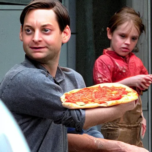 Prompt: tobey maguire eating all of the pizza, gross, disgusting, messy, annoyed, greasy, wet