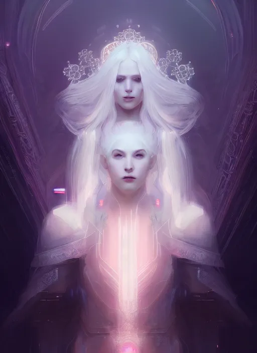 Image similar to a beautiful white haired princess, intricate concept art, ethereal, ominous, mysterious, enchanted, magic, dramatic lighting, illuminated lines, outrun, vaporware, cyberpunk darksynth, dark background, 8 k, by ruan jia and krenz cushart and alphonse mucha