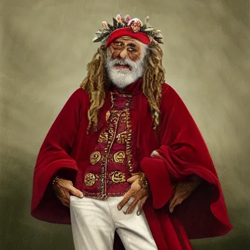 Prompt: stoner King Tommy Chong wears a doublet whilst wearing a red velvet cape and marijuana flower calyx trichome crown edward julius detmold jehan choo jeff simpson arkhip kuindzhi raphael lacoste guillem h. pongiluppi grisaille