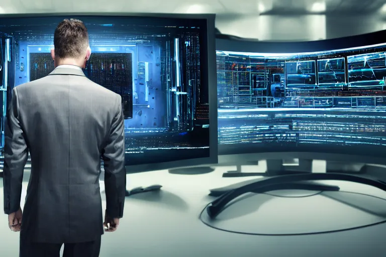 Image similar to a man in gray corporate suit standing in dark in front of supercomputer with many monitors and displays, one monitor with the skynet logo, photorealistic, highly detailed, 4 k, hd