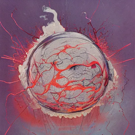 Prompt: a sphere being devoured by abstract splatters of white paint in the style of francis bacon, face being engulfed in flames in the style of james jean, surreal, beksinski, high detailed