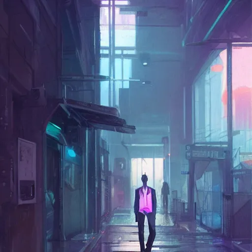 Image similar to concept art by greg rutkowski, a very tall and slender young man walking through the interior of a brutalist looking neighborhood full of holograms and shops while he smokes a cigarette, ambient lighting in neon tones, scifi, highly detailed portrait, digital painting, artstation, concept art, smooth, sharp foccus ilustration, artstation hq