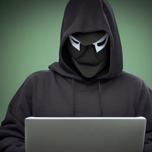 Image similar to realistic photo of hacker in anonymous mask, dark background, hood, computer, green screen, extremely detailed, sharp focus, masterpiece,