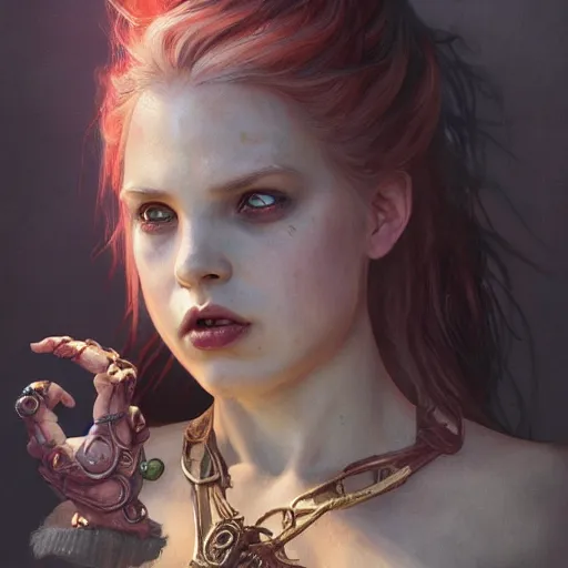 Image similar to dark fantasy character portrait of Peppa Pig, dramatic, unsettling, intricate, wild, highly detailed, digital painting, artstation, upper body, concept art, smooth, sharp focus, illustration, art by artgerm and greg rutkowski and alphonse mucha