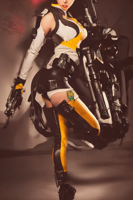 Image similar to tracer from overwatch doing a pin up pose, dark room, cinematic, volumetric lighting, hyperdetailed photograph