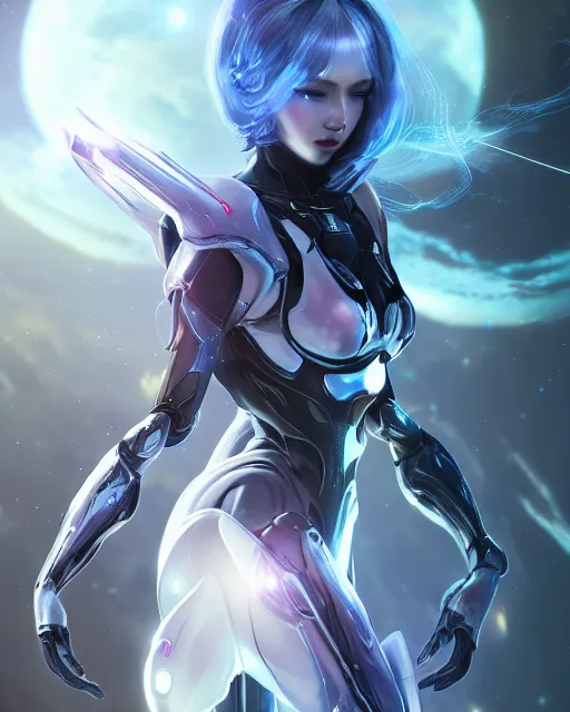 Image similar to perfect android girl on a mothership, warframe armor, beautiful face, scifi, futuristic, galaxy, nebula, bae suzy, dreamy, long white hair, blue cyborg eyes, sharp focus, cinematic lighting, highly detailed, artstation, divine, by gauthier leblanc, kazuya takahashi, huifeng huang