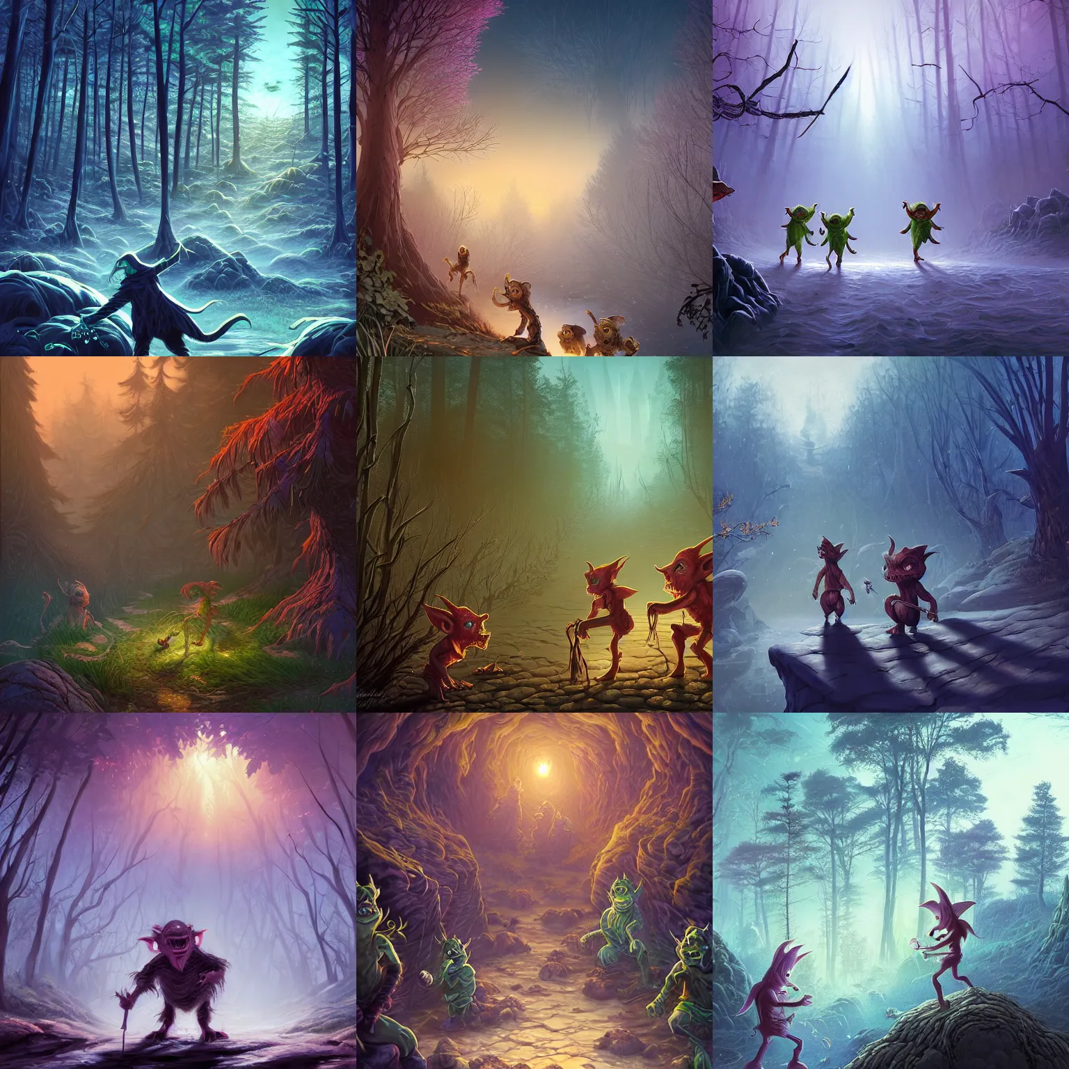 Prompt: A Beautiful digital artwork of the A group of goblins lurking not far from the forest, in style by Dan Mumford, Cyril Rolando and M.W Kaluta, 8k resolution, Ultrafine details, Rendered in Unreal Engine 5, Cinematic Composition, Reimagined by industrial light and magic, smooth,4k, beautiful lighting, HDR, IMAX, Cinema 4D, shadow depth