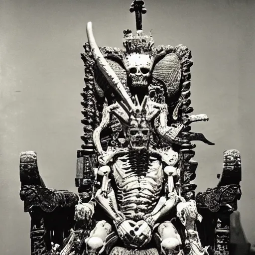 Prompt: grainy 1800s photo of the high cybernetic warrior crown prince overlord in triumph on his throne. his throne is made of human bones