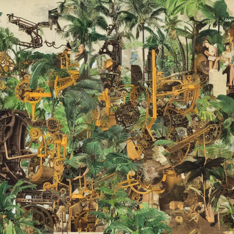 Prompt: a network of steampunk machinery in tropical nature, painted by Neo Rauch, 1970 magazine cut out collage