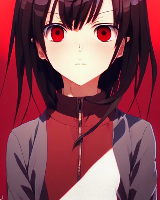 Prompt: beautiful anime woman, wearing full clothing red shirt brown pants, black and red hair hair, galaxy eyes, clockpunk, symmetrical face, symmetrical eyes, full round face, short smile, detailed, summer setting, cinematic lighting, makoto shinkai, artgerm, ilya kuvshinov, loish