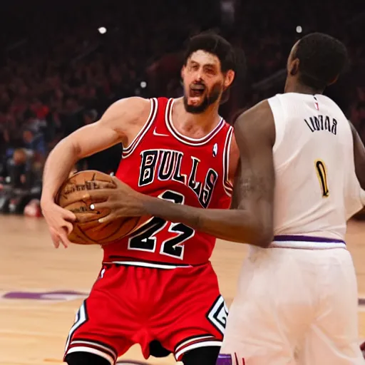 Prompt: a basket ball game between chicago bulls and la lakers