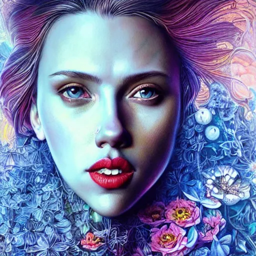 Image similar to portrait of scarlett johansson, hyper detailed masterpiece, neon floral pattern, jean giraud, digital art painting, darkwave goth aesthetic, psychedelic, artgerm, donato giancola and tom bagshaw