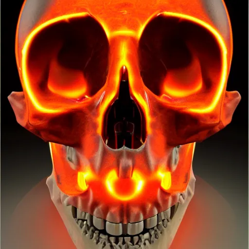 Image similar to real human skull with robotic circular orange light electronic eyes in eye sockets