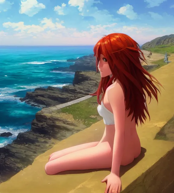 Image similar to a girl with long flowing auburn hair sitting on a cliff overlooking a beach. vivid colors, soft lighting, atmospheric, cinematic, moody, in the style of ilya kuvshinov and range murata, krenz cushart, rule of thirds, oil on canvas, 8 k.