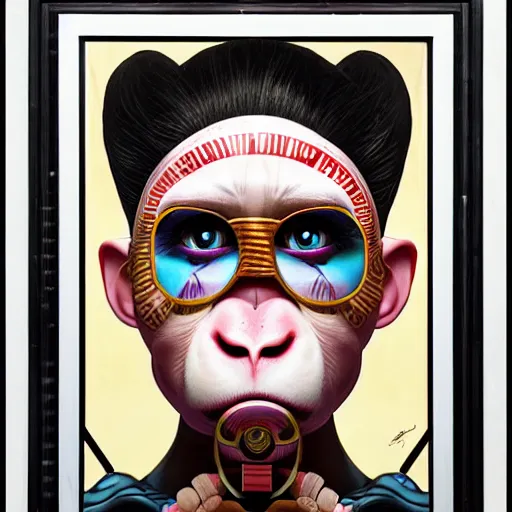 Prompt: lofi monkey in front of a mirror reflecting expression of a human face, symmetrical hands, doctors mirror, Pixar style by Tristan Eaton Stanley Artgerm and Tom Bagshaw, high detail