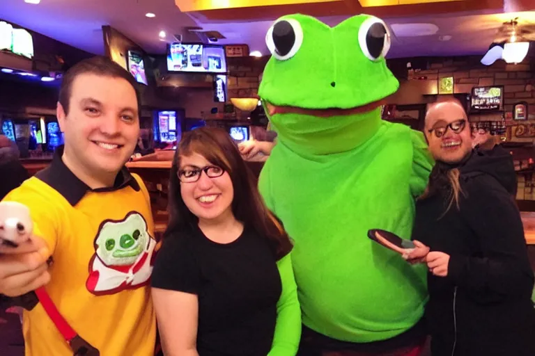 Image similar to taking a selfie with a frog fleshy mascot costume at an applebee's, cell phone photo