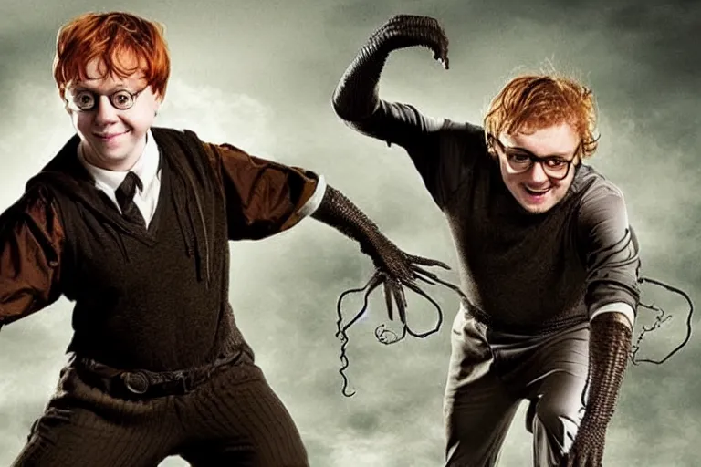 Prompt: Rupert Grint as Doc Ock, Multiple long menacing metal clawed arms from his back, intimidating stance