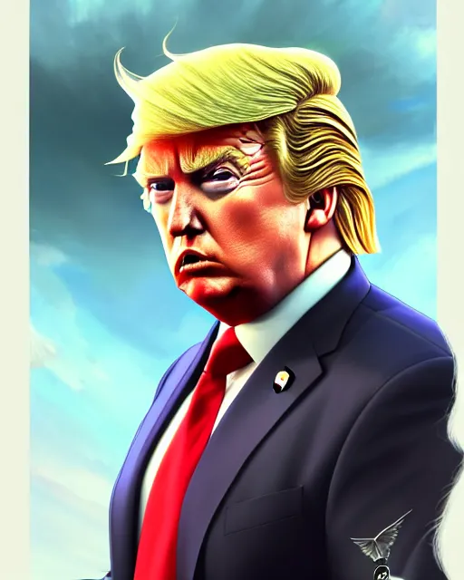 Prompt: 3 / 4 view of a person who does looks like donald trump with wings, confident pose, pixie character, video game genshin impact, cell shaded anime intricate, elegant, sharp focus, illustration, highly detailed, concept art, matte, magali villeneuve, artgerm, anime, trending on artstation