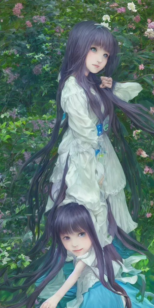 Image similar to a digital art full of atmosphere of a loli with long hair in a dress in the privet garden at after noon, green and warm theme, blue accents, low angle, back lighting, highly detailed, 4 k resolution, trending on art station, by krenz cushart and mucha and akihito yoshida and greg rutkowski and