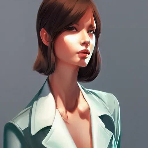 Image similar to cute beautiful girl in jacket suit over bare skin, elegant, 2d, ultra highly detailed, digital painting, smooth, sharp focus, artstation, pixiv, art by Ilya Kuvshinov