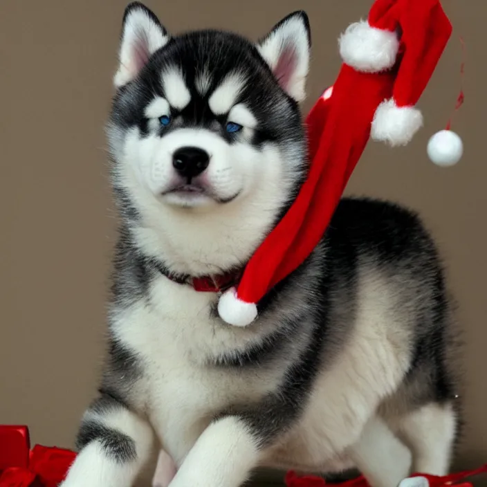 Prompt: cute husky puppy wearing a christmas hat by satoshi kon