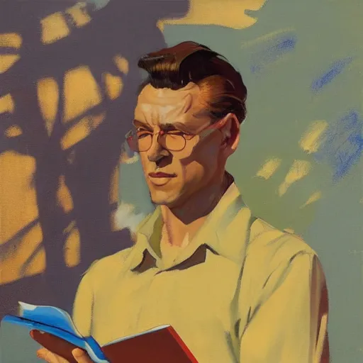 Image similar to greg manchess mid century album cover featuring a man with a notebook, medium shot, asymmetrical, profile picture, organic painting, sunny day, soft colors, matte painting, bold shapes, hard edges, street art, trending on artstation, by huang guangjian and gil elvgren and sachin teng