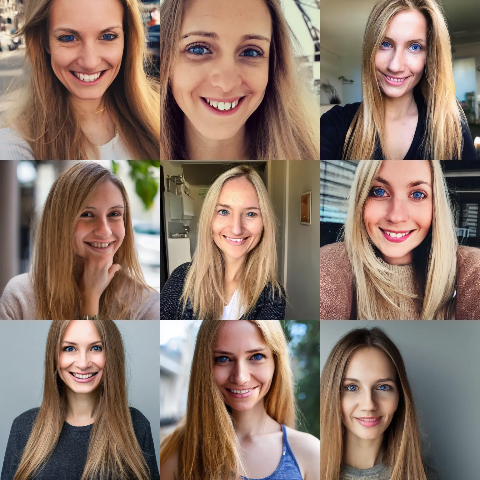 Prompt: portrait of a woman, 2 7, symmetric, blond brown long hair, smile, facebook profile picture, thin nose, short round face, visible pores, natural look, average, dimples, caucasian, outward slanted eyes