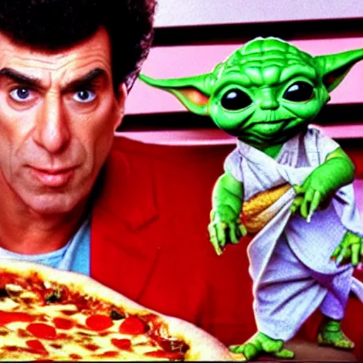 Prompt: cosmo Kramer from Seinfeld holding baby Yoda inside of a pizza hut, realistic, unreal, cinematic