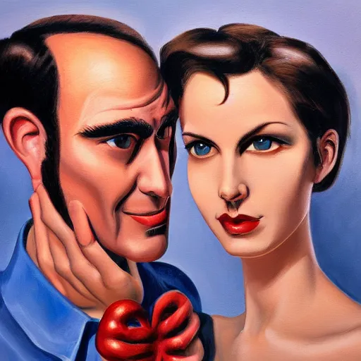 Prompt: perfectly centered symmetrical split male and female portrait of man and woman in love sharing one heart ; oil painting by will eisner, photorealistic, highly detailed