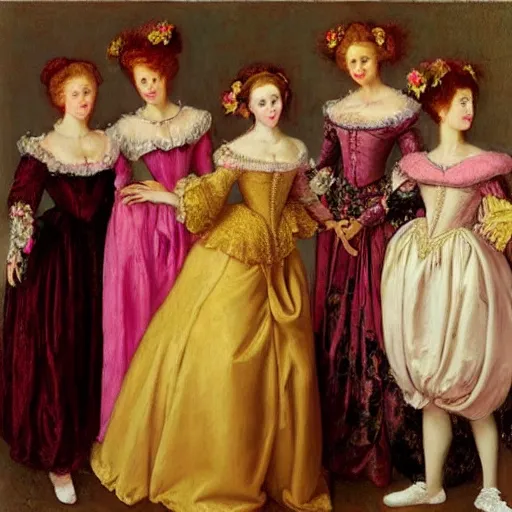 Prompt: group of skinny female artist wearing renaissance dresses, pink and gold flowers in the style of realism, renaissance oil painting, tonalism, rococo, manga