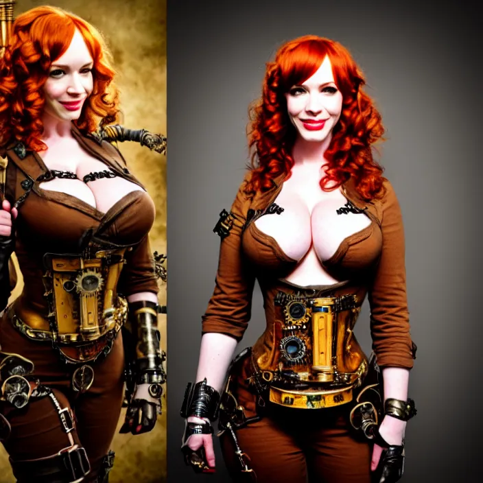 Image similar to full body photograph of christina hendricks as a steampunk warrior, Extremely detailed. 8k