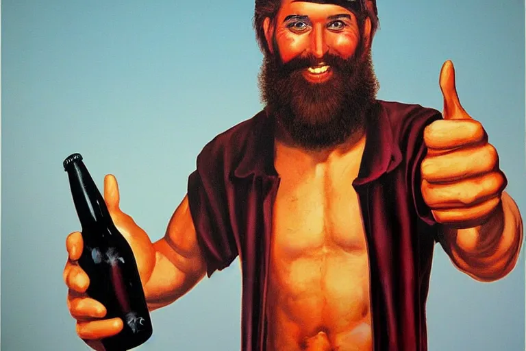 Prompt: a young man holding a beer giving a thumbs up with a long beard, airbrush painted, 80s poster, detailed, uncropped, painted by Jim Burns