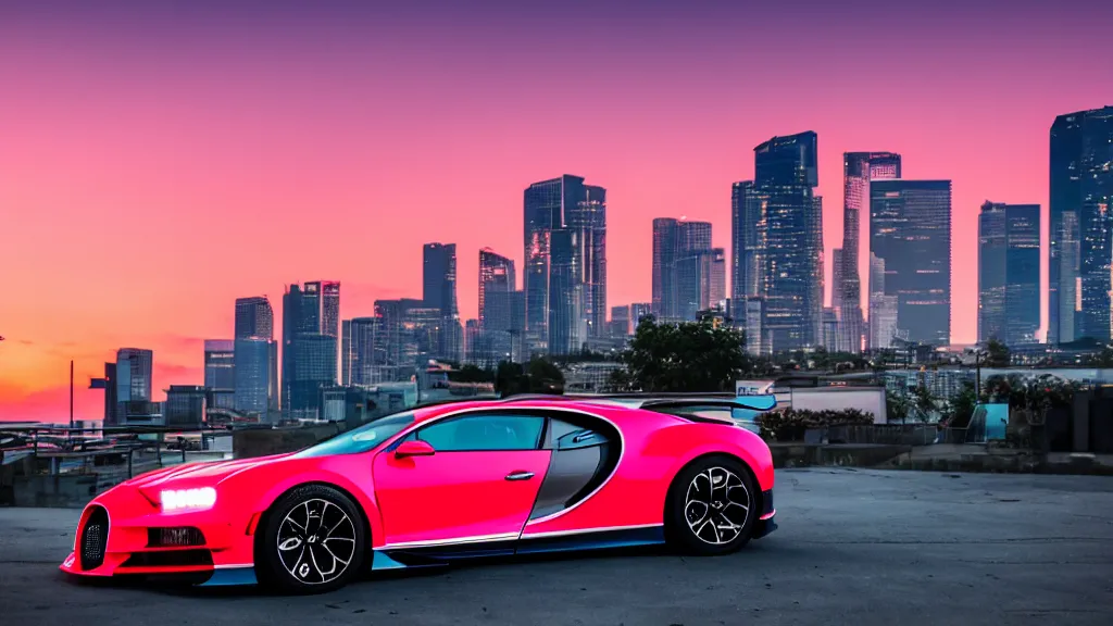 Image similar to synthwave bugatti chiron at sunset, 8 k. filling of the view