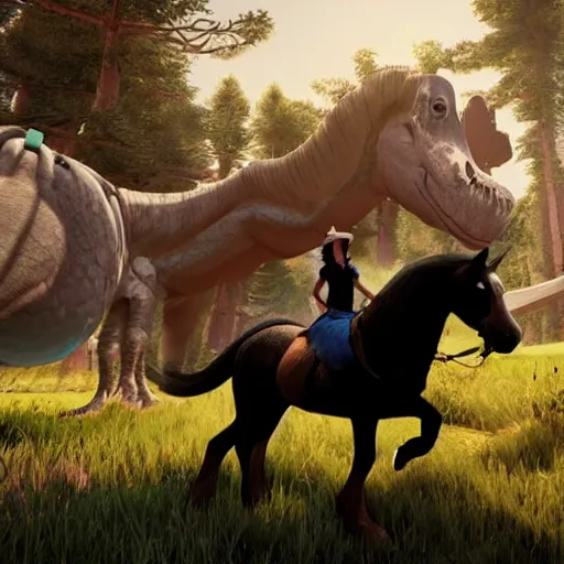 Prompt: The black-haired young witch travels on her horse to the land of dreams among dinosaurs, unreal engine 4