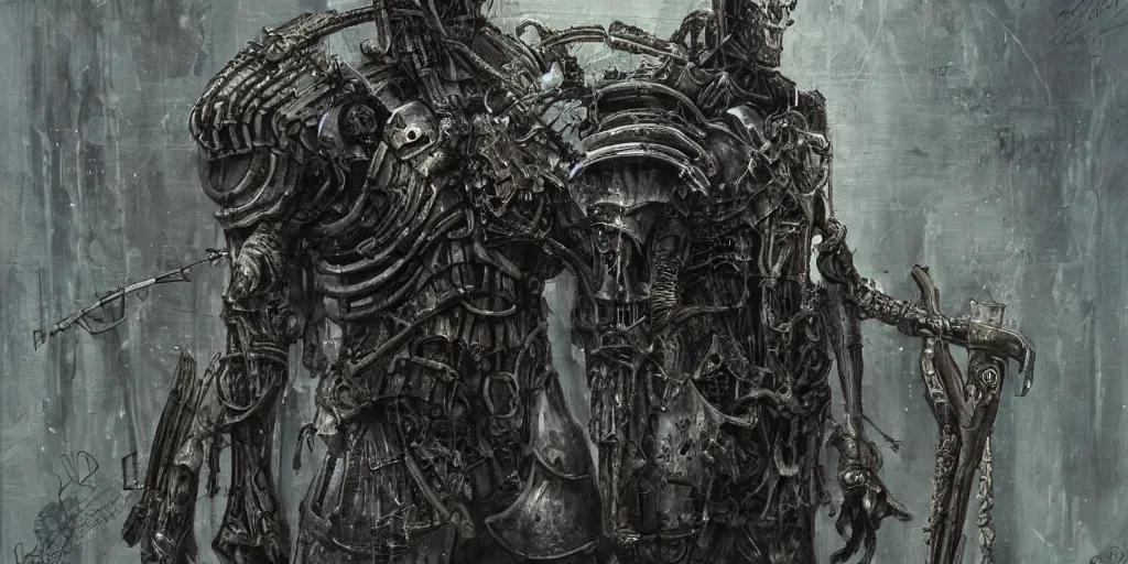 Image similar to biopunk medieval german knight, horror, creepy, artstation, highly detailed painting, art by hr giger
