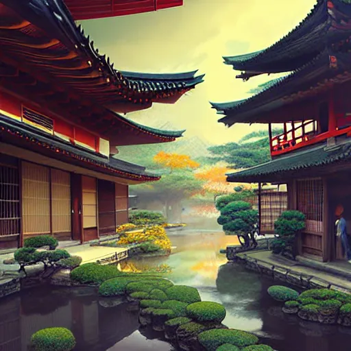 Image similar to old japanese town with garden viewed from harbor, d & d digital painting, ultra realistic, beautiful, volumetric lighting, warm colors advance, cell shading, by james jean, greg rutkowski,