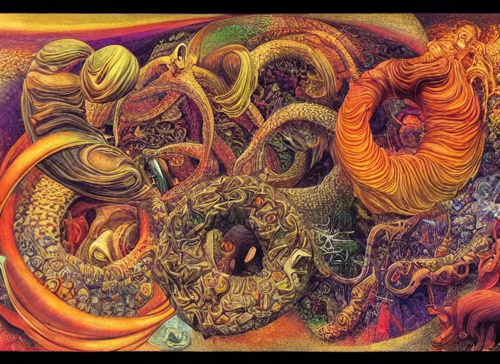 Prompt: the ouroboros of infinite flower universes, by ernst fuchs, dichromatism, paradox, volumetric light, insanely detailed and intricate, hypermaximalist, warm colors, dramatic lighting, smooth, sharp focus, extremely detailed, aesthetically pleasing composition