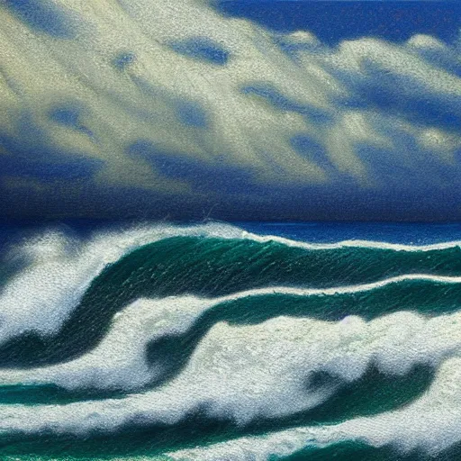 Image similar to beautiful waves crashing on the beach of hawaii, tropical setting, detailed oil painting, 1 9 2 0 ’ s colored pencil, highly detailed, highly accurate, deep aesthetic, 8 k, highly ornate intricate details, cinematic lighting, rich colors, beautiful scenic view, ray tracing, hyperrealistic, photorealistic, cinematic landscape, trending on artstation, concept art,