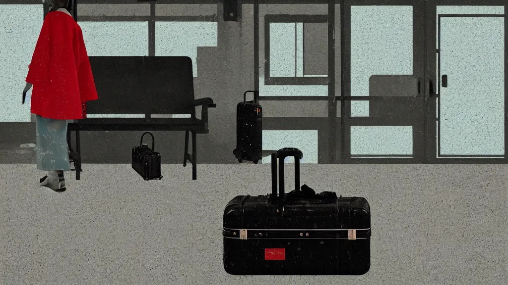 Image similar to an explorer's luggage on the train platform, rural japan, a collage painting, in the style of wes anderson, lola dupre, david hockney, isolated on negative white space background dark monochrome neon spraypaint accents volumetric octane render