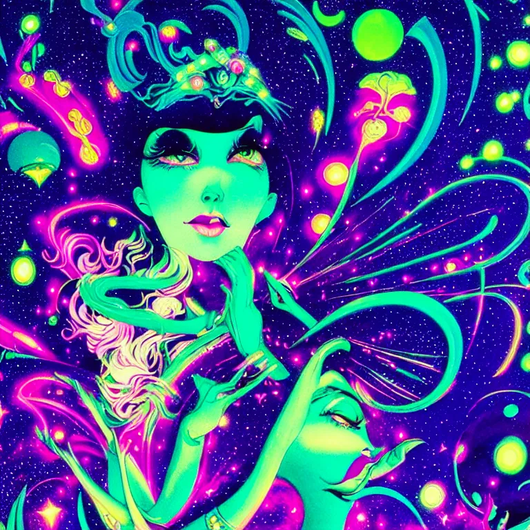 Image similar to cosmic girl, medium close - up, infinite crystal ascent, bright neon colors, highly detailed, cinematic, eyvind earle, tim white, philippe druillet, roger dean, lisa frank, aubrey beardsley