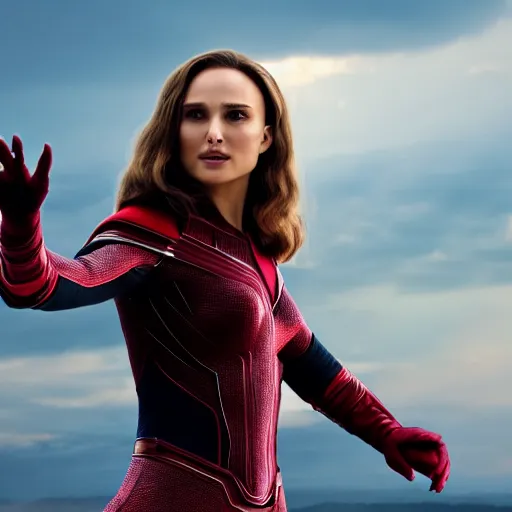 Image similar to Natalie Portman as scarlet witch from MCU, highly detailed, 8K HDR, sunset.