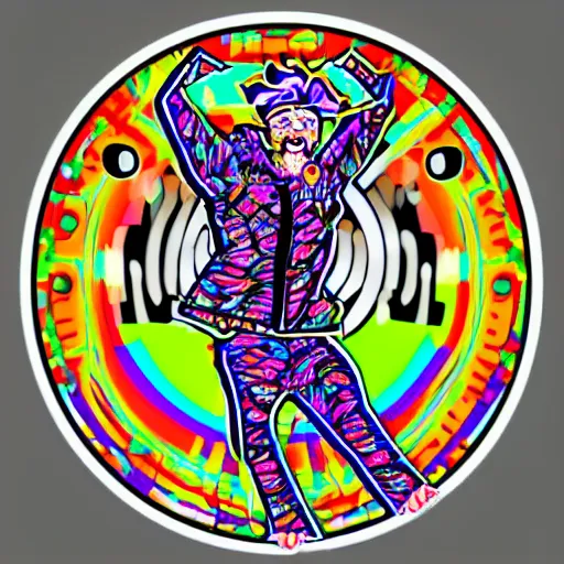 Image similar to svg sticker of a Dancing-Alex-Grey-Psychedelic-Rave-Man, at a rave, spinning records, giant headphones rocking out, wearing headphones, huge speakers, dancing, rave, DJ, spinning records, digital art, amazing composition, rule-of-thirds, award-winning, trending on artstation, featured on deviantart