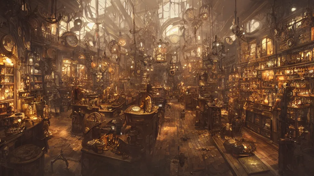 Image similar to A highly detailed image of a steampunk store, by Danar Worya, by Greg Rutkowski, by artgerm, by beeple, with ultra detailed displays of weapons and clockwork machinations densely packed on shelves, volumetric lighting, 4k resolution, octane render, trending on artstation