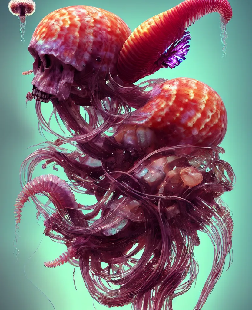 Image similar to goddess close-up portrait ram skull. jellyfish phoenix head, nautilus, orchid, skull, betta fish, bioluminiscent creatures, intricate artwork by Tooth Wu and wlop and beeple. octane render, trending on artstation, greg rutkowski very coherent symmetrical artwork. cinematic, hyper realism, high detail, octane render, 8k