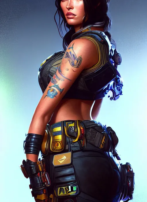 Image similar to portrait of apex legends megan fox, intricate, elegant, glowing lights, highly detailed, digital painting, artstation, glamor pose, concept art, smooth, sharp focus, illustration, art by artgerm and greg rutkowski, artey freytag