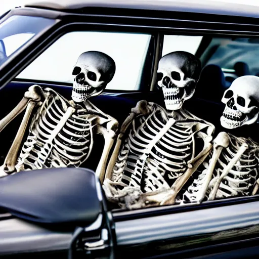 Image similar to Photo of skeletons doing a drive by in Los Angeles with uzis in a lowrider car