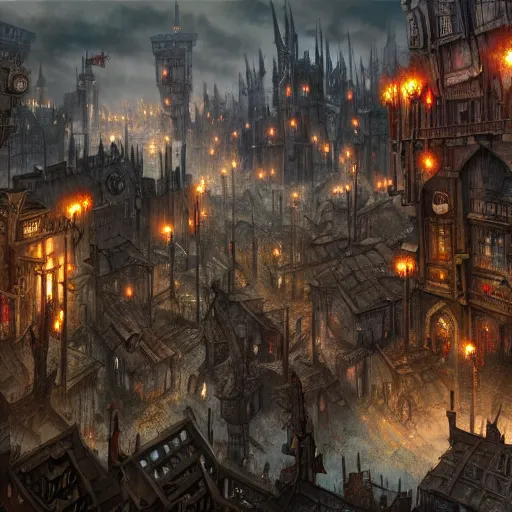 Prompt: dystopic medieval fantasy city, crowded streets, warhammer fantasy, rats, matte painting style, orthographic