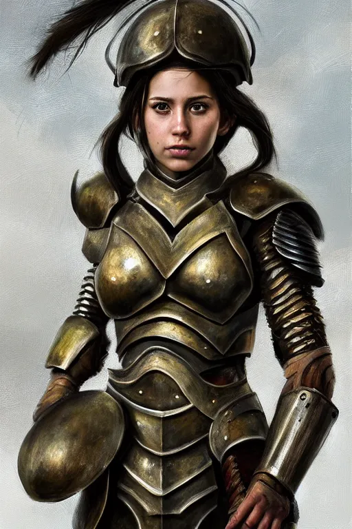 Image similar to a photo-realistically painted portrait of an attractive young girl, partially clothed in chunky battle armor, abstract background, flawless olive skin, fair complexion, long dark hair, beautiful bone structure, perfectly symmetric facial features, perfect photorealistic eyes, natural physique, intricate, elegant, digital painting, concept art, finely detailed, beautifully illustrated, sharp focus, minimal artifacts, volumetric lighting, from Metal Gear, by Ruan Jia and Mandy Jurgens and Artgerm and William-Adolphe Bouguerea, in the style of Greg Rutkowski, trending on Artstation, award winning art